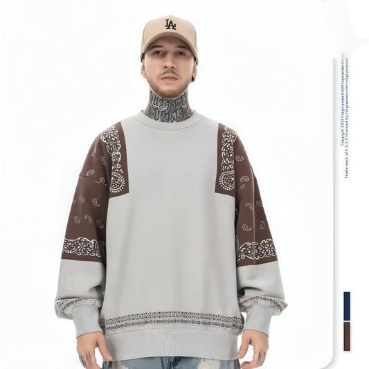 Retro Paisley Stitching Fleece-lined Crew Neck Sweater - Which Mark