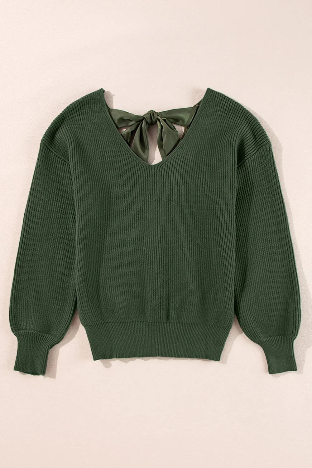 Jungle Green Lantern Sleeve V Neck Knot Back Sweater - Which Mark