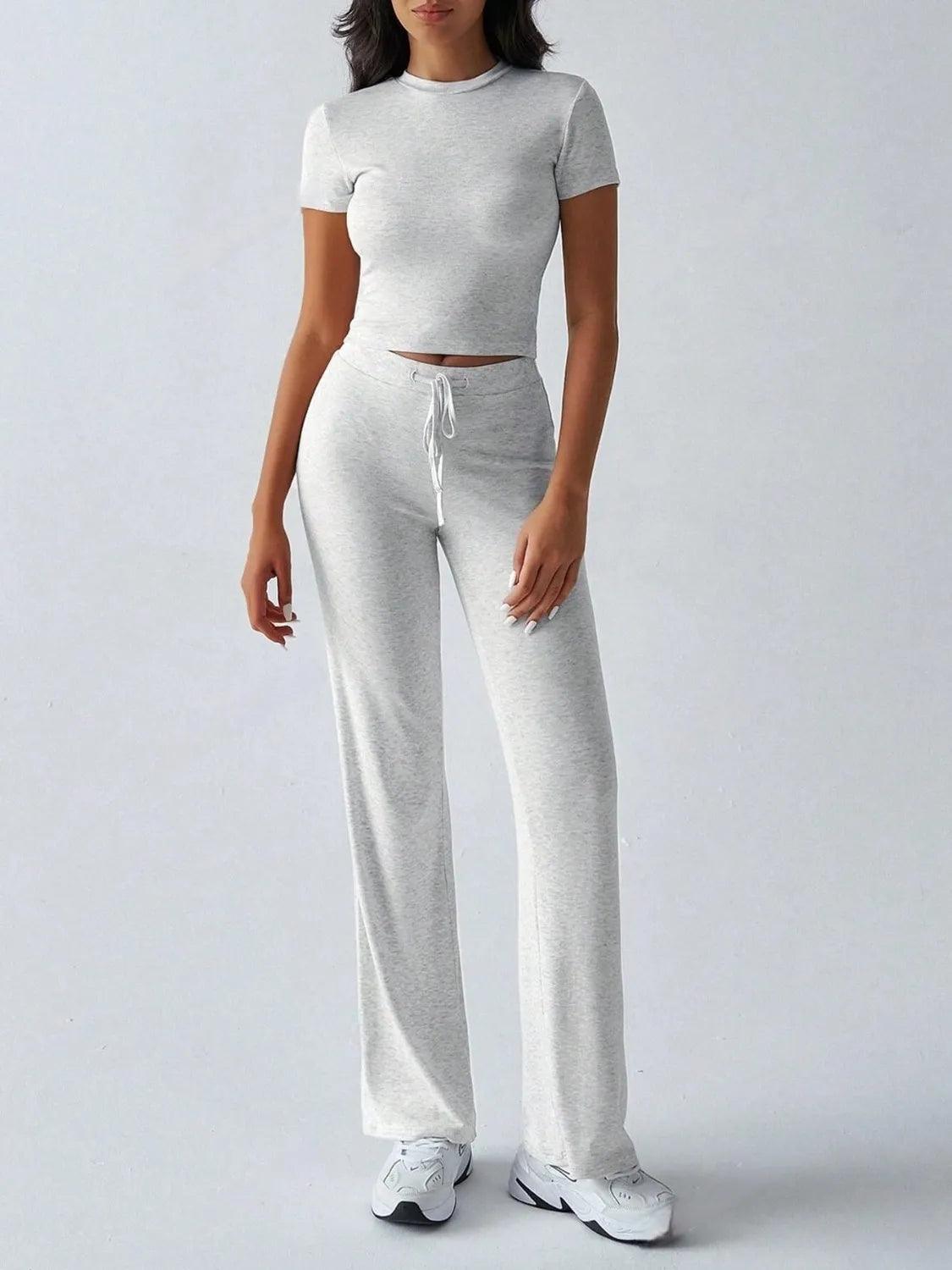 Round Neck Short Sleeve Top and Pants Set - Which Mark