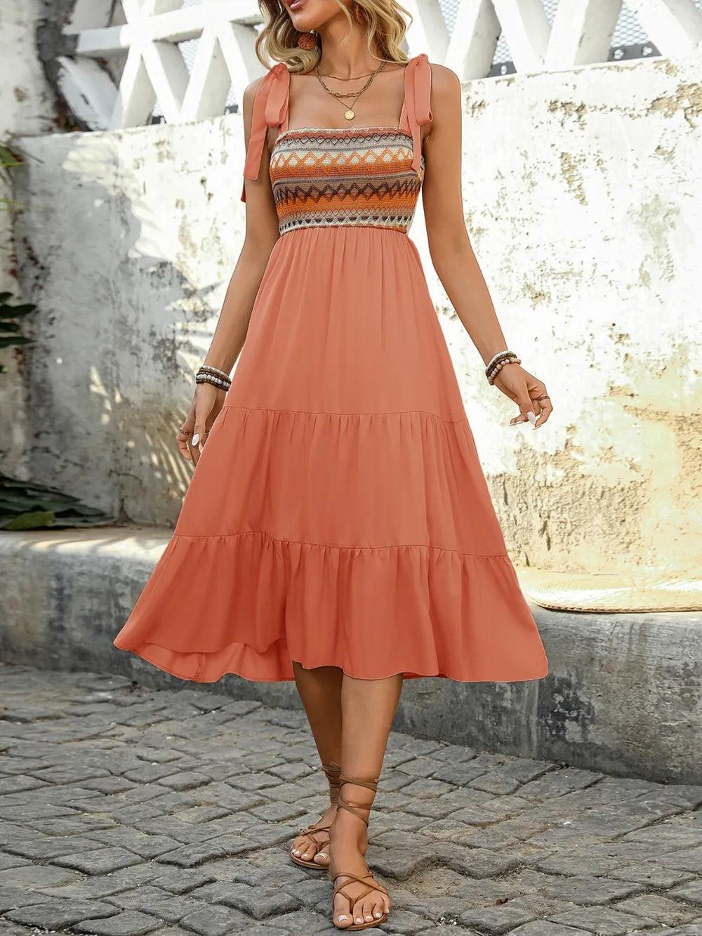 Tie Shoulder Square Neck Tiered Midi Dress - Which Mark