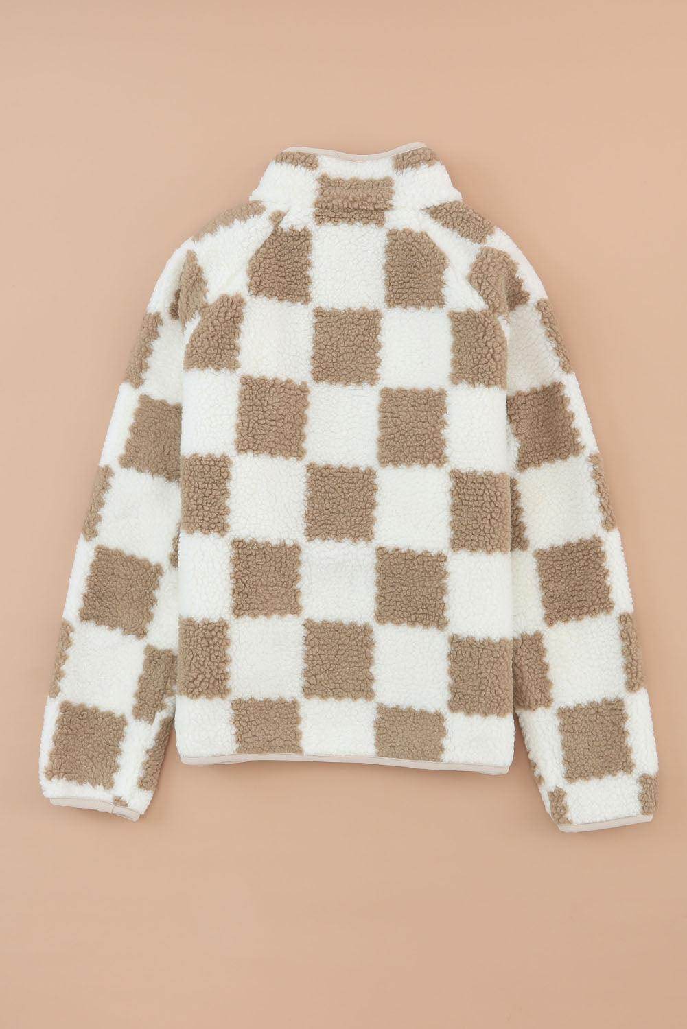 Brown Checked Snap Button Sherpa Jacket - Which Mark