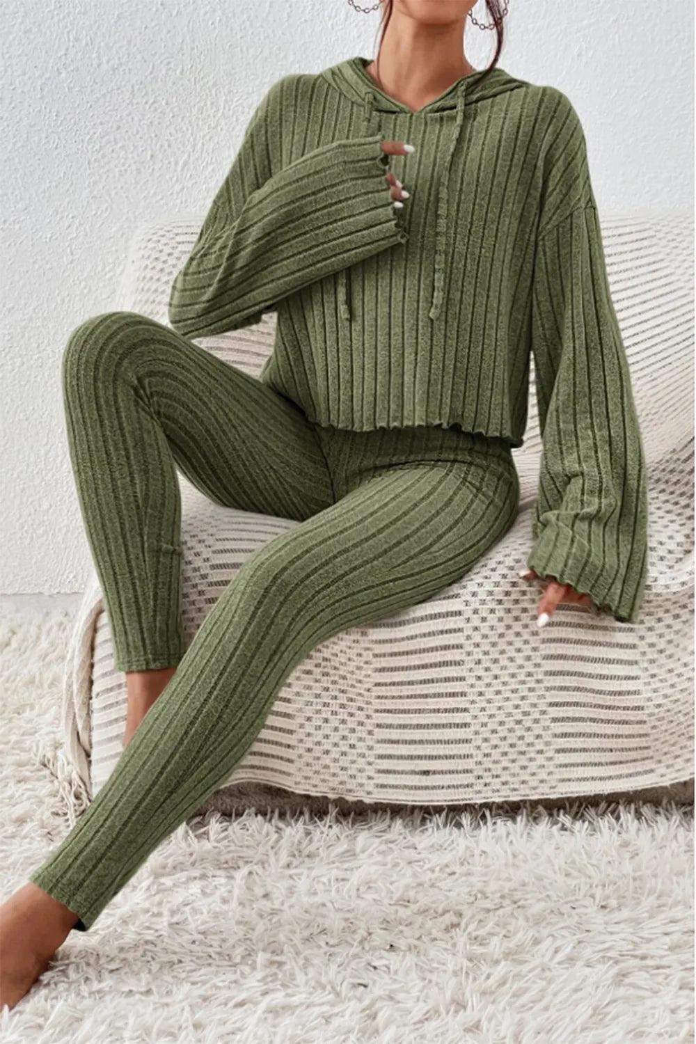 Lettuce Hem Dropped Shoulder Hooded Top and Pants Set - Which Mark