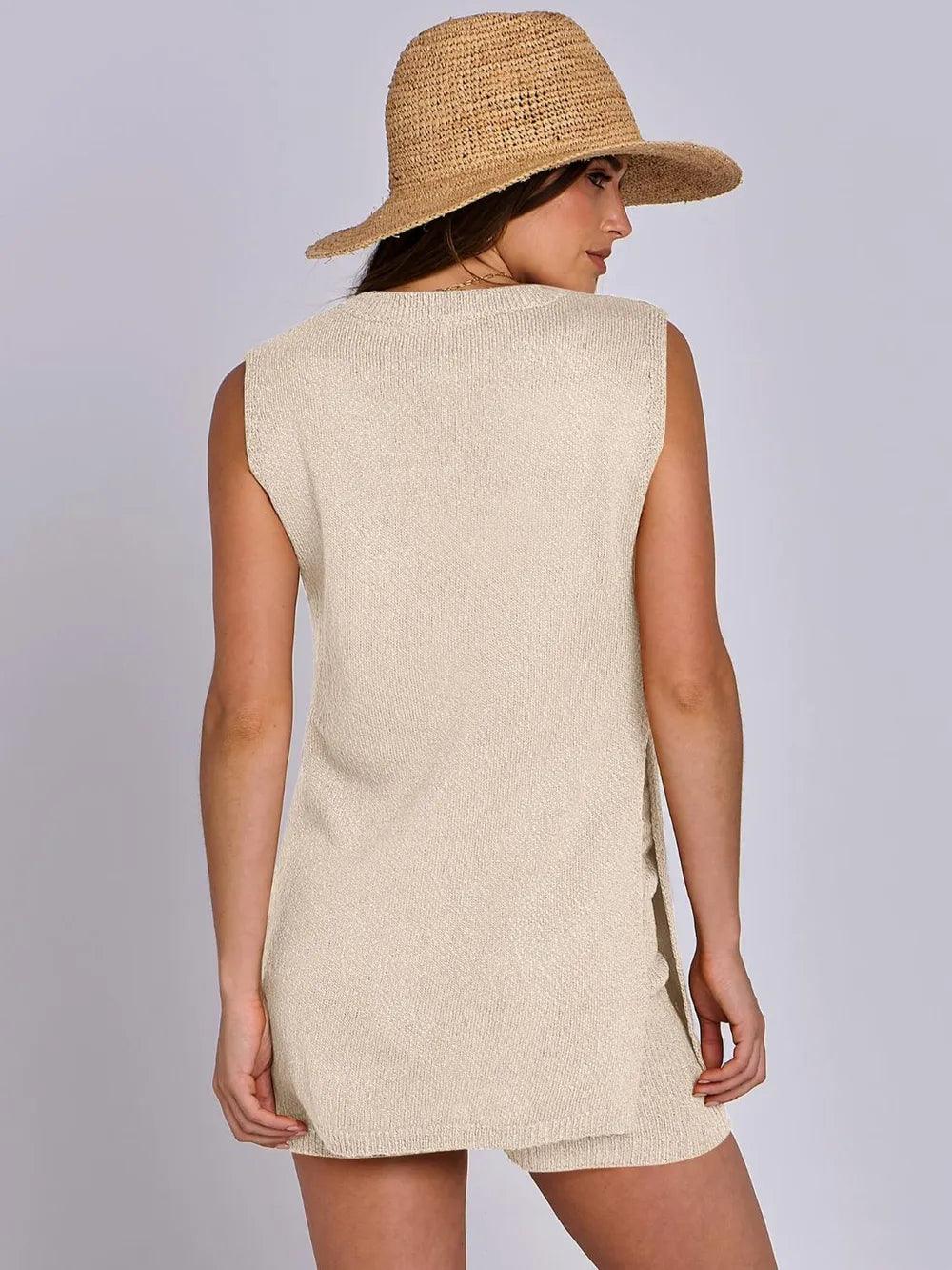 Mandy Side Slit Round Neck Tank and Shorts Sweater Set - Which Mark