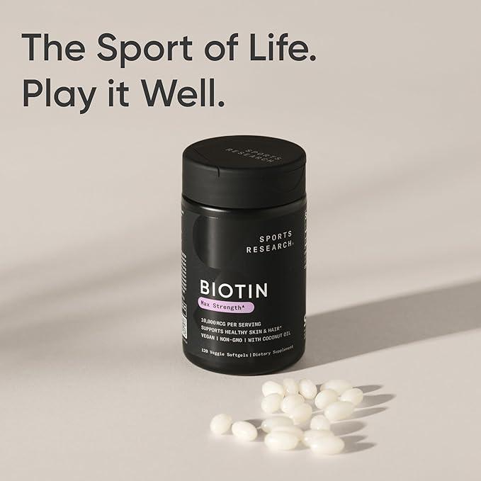 Sports Research® Max Strength Vegan Biotin 10,000mcg with Organic Coconut Oil - Helps to Maintain Healthy Hair, Nails and Skin - Great for Women & Men - 120 Veggie Softgels - Which Mark