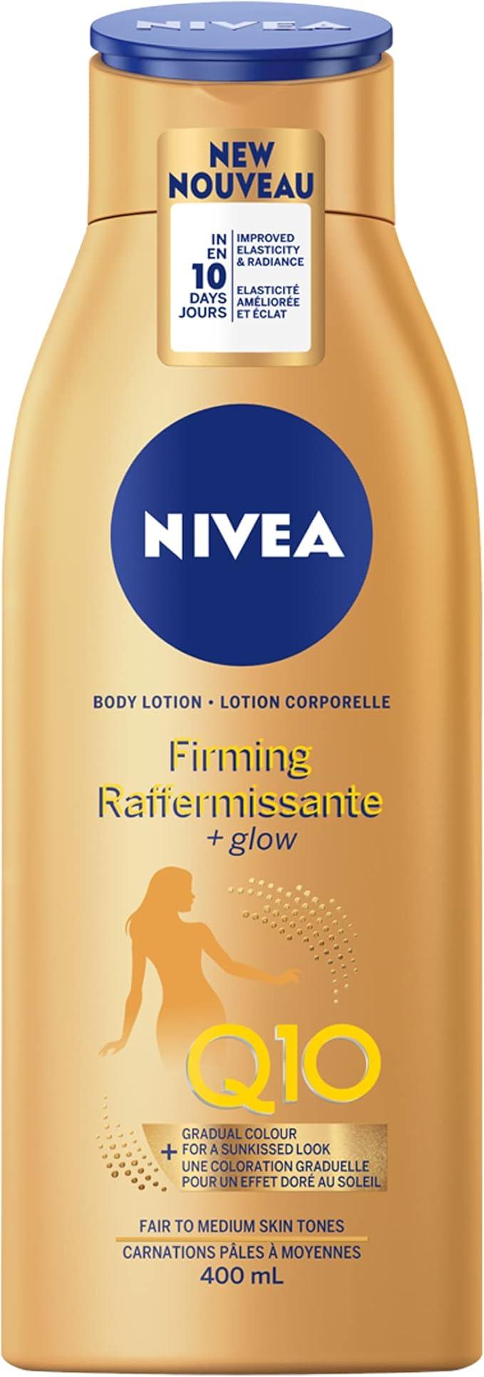 NIVEA Q10 Firming + Glow Body Lotion | Firmer-Feeling Skin | Gradual Tanning Lotion without sun exposure |Firming Body Lotion | Daily Moisturizer | For all skin types | 400mL - Which Mark