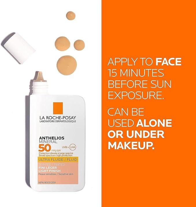 La Roche-Posay Face Sunscreen, Anthelios TINTED MINERAL Ultra-Fluid SPF 50 Lotion UVA-UVB Sun Protection, Titanium Dioxide, 100% Mineral Filter, Fragrance Free, Water Resistant. Travel Size, 50ML - Which Mark