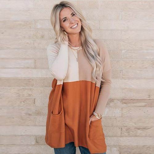 Women's Orange Pocket Color Matching Long-sleeved Top T-shirt - Which Mark