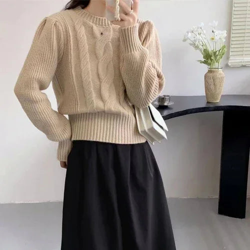Round Neck Lantern Sleeve Cable-knit Sweater - Which Mark
