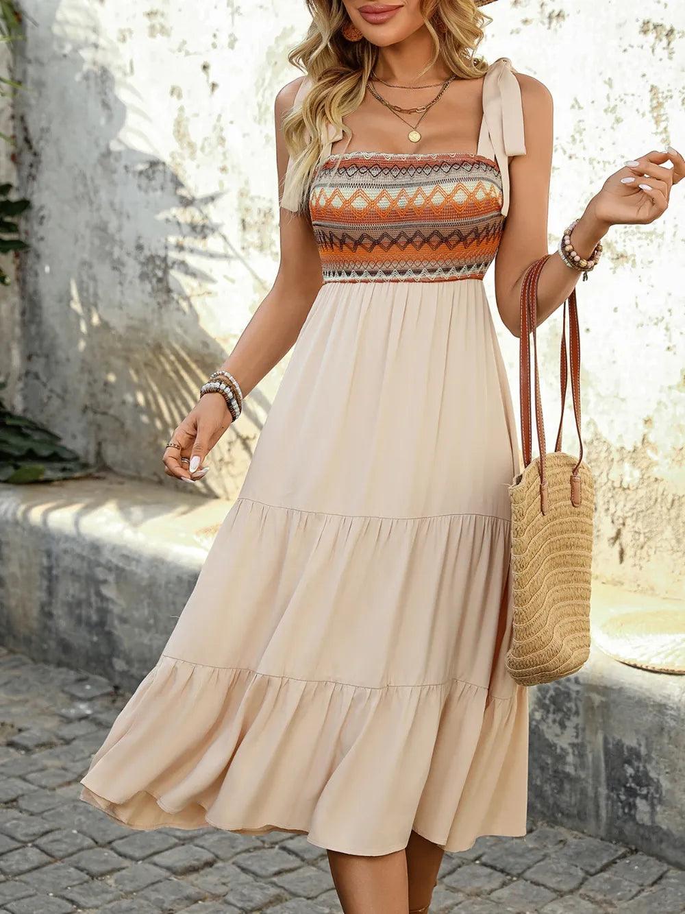 Tie Shoulder Square Neck Tiered Midi Dress - Which Mark