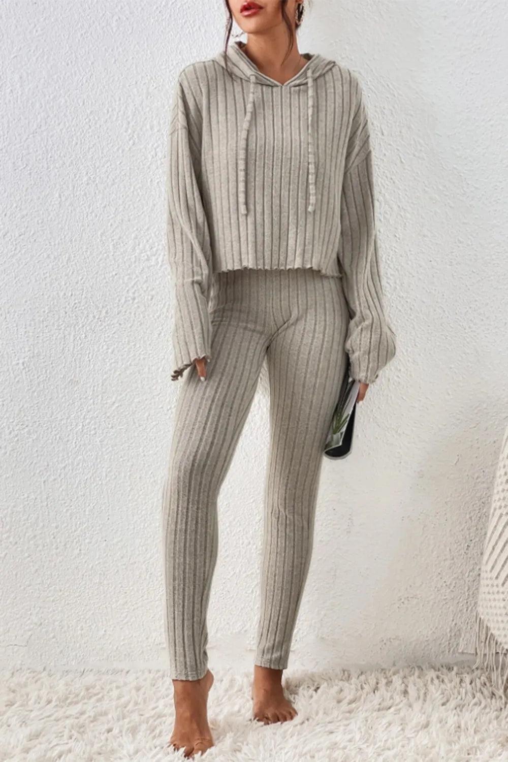 Lettuce Hem Dropped Shoulder Hooded Top and Pants Set - Which Mark