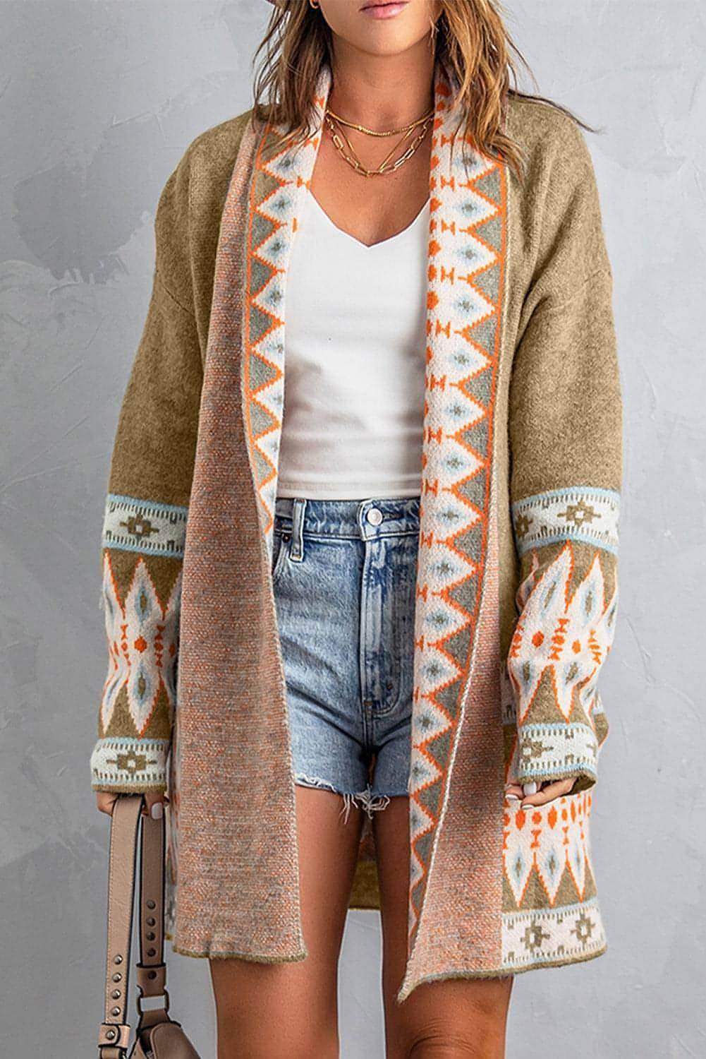 Khaki Aztec Print Open Front Knitted Cardigan - Which Mark