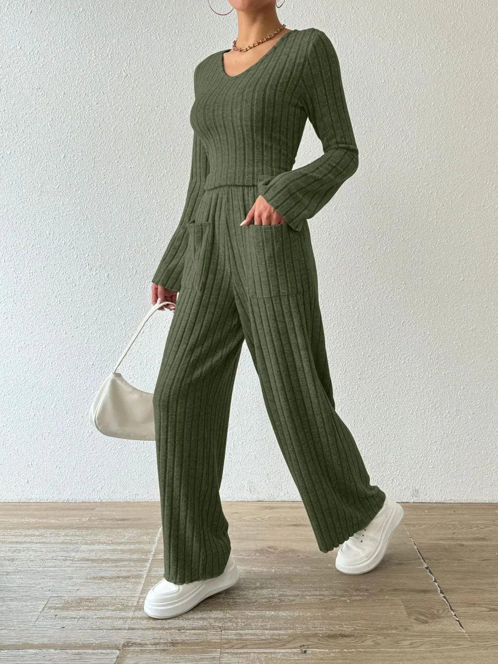 Ribbed V-Neck Long Sleeve Top and Pocketed Pants Set - Which Mark