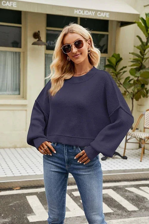 Loose Cropped Pullover Fashion Long Sleeve Round Neck Sweater - Which Mark