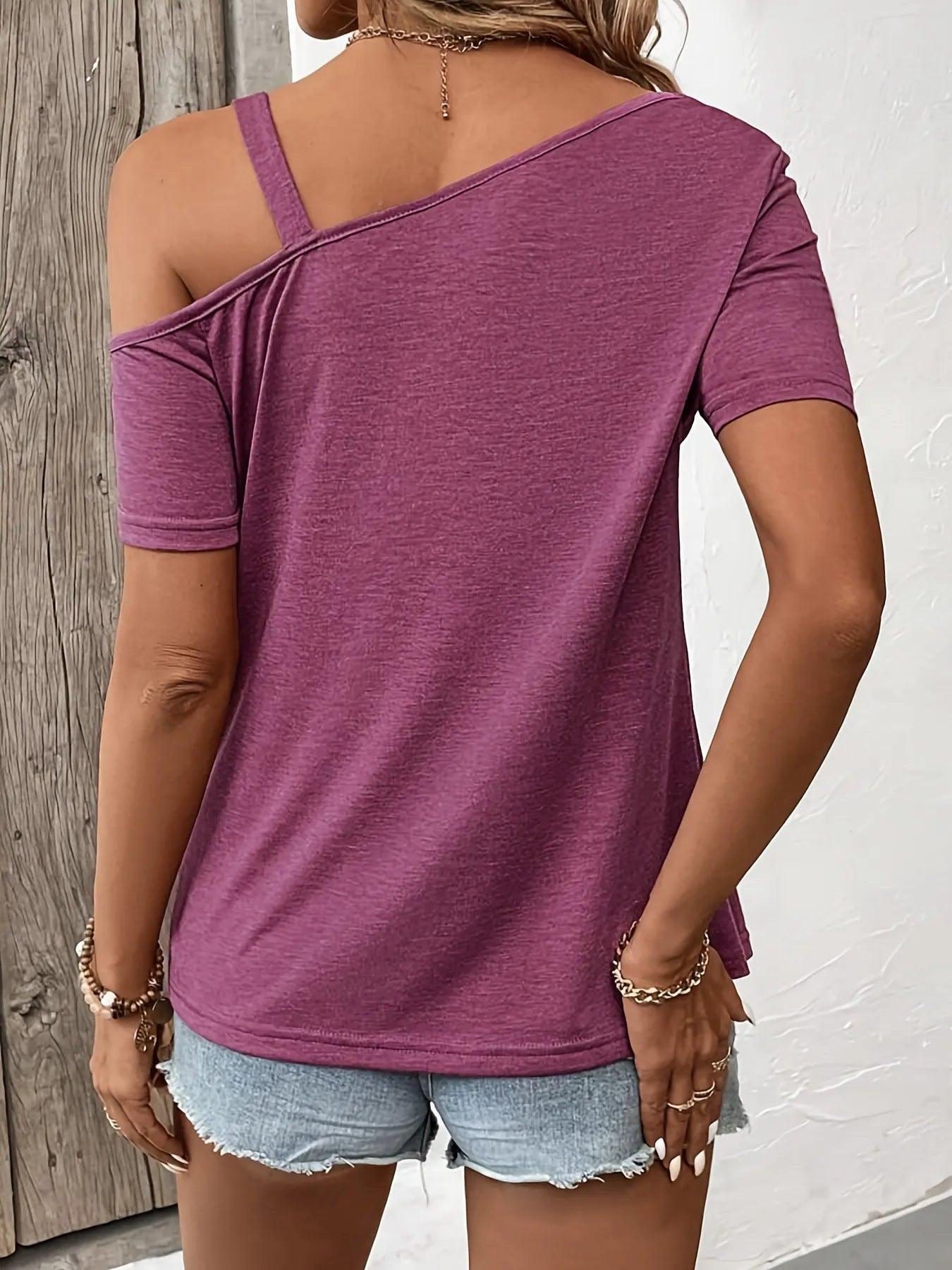 Asymmetric Shoulder T-Shirt with Metal Buckle Detail - Which Mark