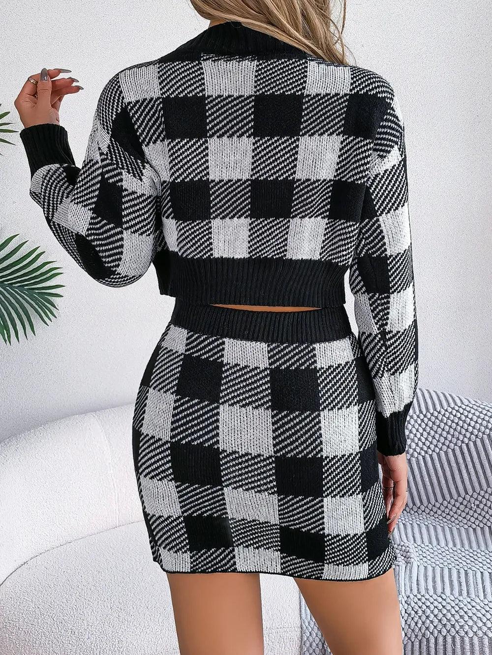 Plaid Round Neck Top and Skirt Sweater Set - Which Mark