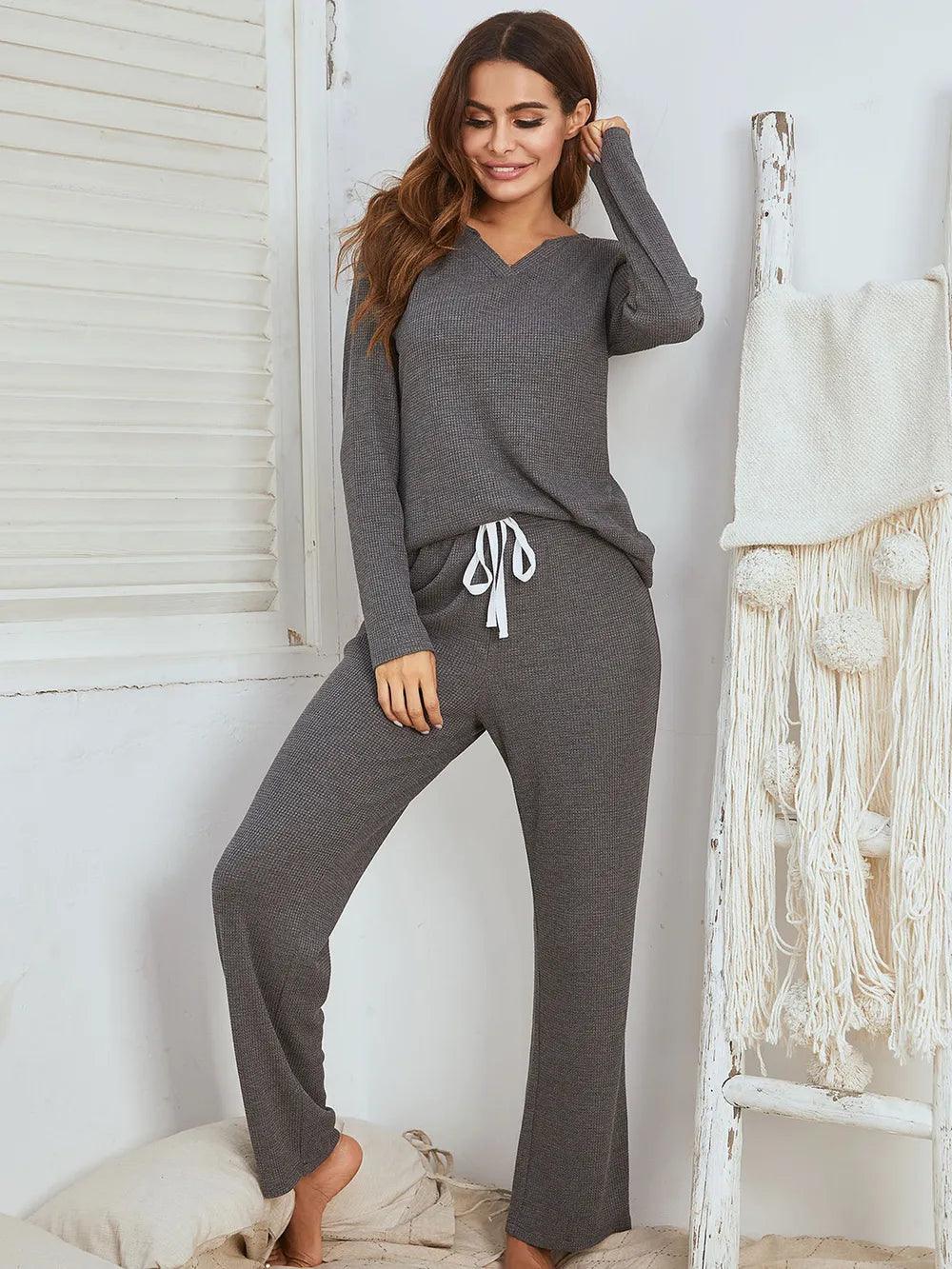 Notched Long Sleeve Top and Pants Set - Which Mark