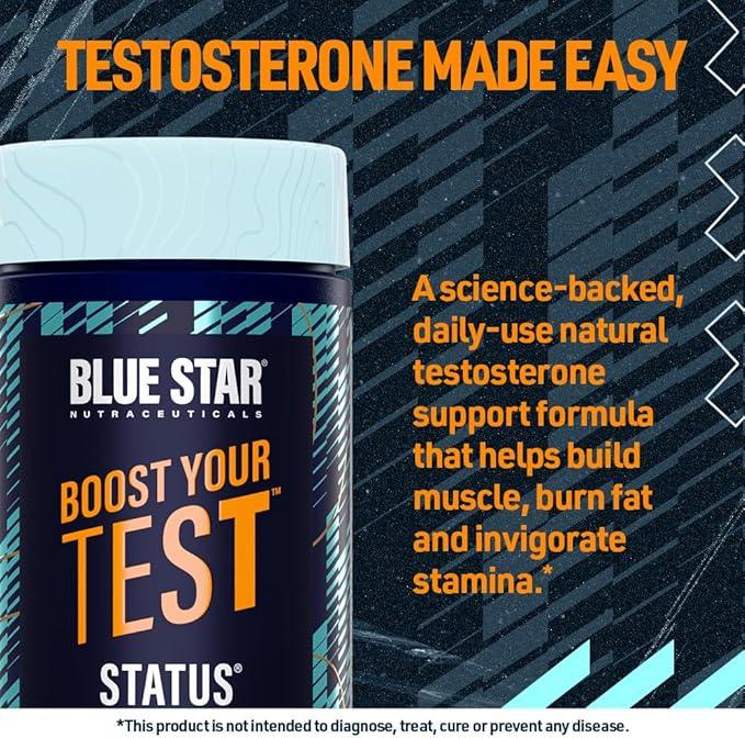 Blue Star Nutraceuticals STATUS - Testosterone Booster for Men - w/KSM 66 Ashwagandha - Invigorate Stamina, Muscle Growth & Energy | Natural Test Booster Support - 90 Veggie Capsules - Which Mark