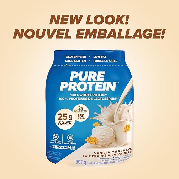 Pure Protein Whey Powder - High Protein (25 g/scoop), Low Sugar (2 g/scoop), Gluten Free - Fast-Acting Formula, Vanilla, 907g - Which Mark