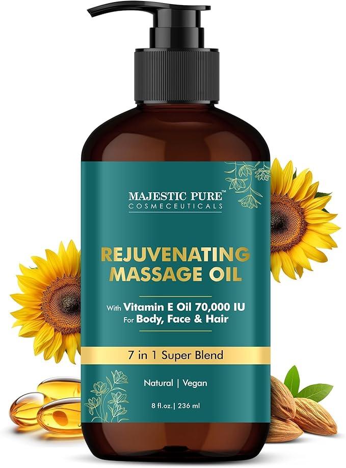Majestic Pure Vitamin E 70k Blend Massage Oil with Sweet Almond, Jojoba, Argan, Avocado | Invigorating, Refreshing, and Relaxing | For All Skin Types - Men and Women | 8 Fl Oz - Which Mark