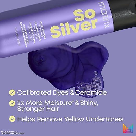 Matrix So Silver Purple Shampoo, Neutralizes Yellow Tones, Color Depositing and Toning, For Color Treated Hair Including Blonde, Grey, and Platinum - Which Mark