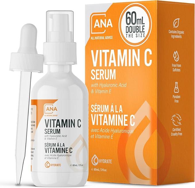 All Natural Advice Vitamin C Serum 60mL | 20% Vitamin C Face Serum Solution with Organic Botanicals, Hyaluronic Acid & Vitamin E | UV-Shielding Glass Bottle, Spray & Dropper | Canadian Skin Care - Which Mark
