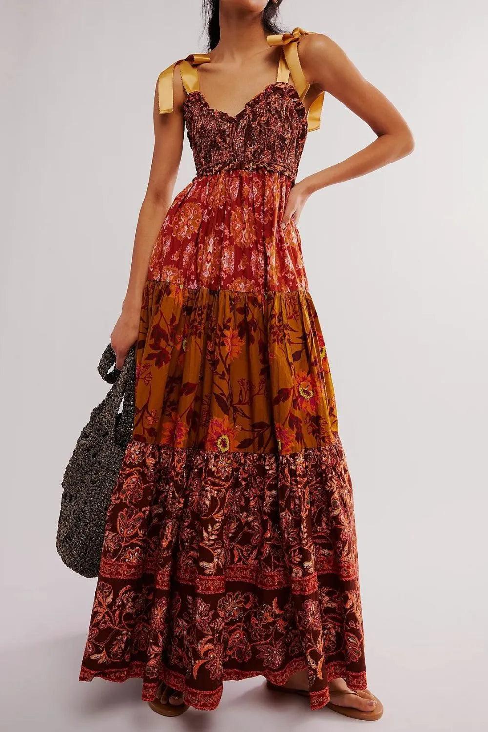 Floral Tiered Maxi Dress with Mixed Print Design - Which Mark