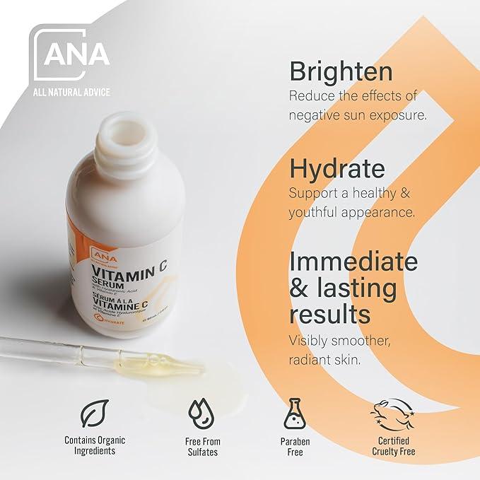 All Natural Advice Vitamin C Serum 60mL | 20% Vitamin C Face Serum Solution with Organic Botanicals, Hyaluronic Acid & Vitamin E | UV-Shielding Glass Bottle, Spray & Dropper | Canadian Skin Care - Which Mark