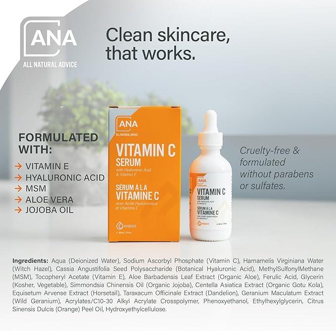 All Natural Advice Vitamin C Serum 60mL | 20% Vitamin C Face Serum Solution with Organic Botanicals, Hyaluronic Acid & Vitamin E | UV-Shielding Glass Bottle, Spray & Dropper | Canadian Skin Care - Which Mark