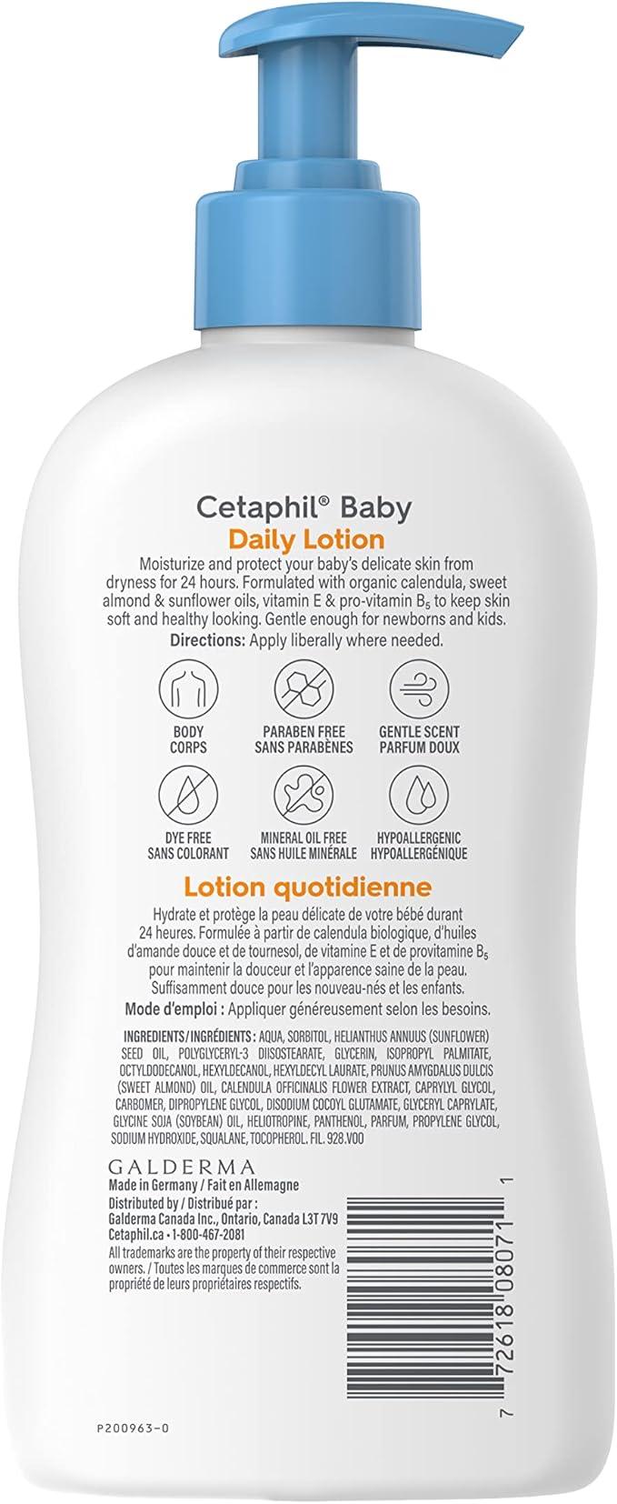 Cetaphil Baby Daily Lotion with Organic Calendula, Gentle Baby Lotion for Face & Body, 24 Hr Hydration for Dry and Irritated Skin, Paraben Free, Mineral Oil Free, Dermatologist Recommended, 400ml pump - Which Mark