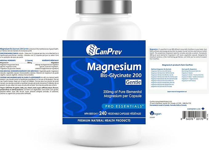 CanPrev Pure Magnesium Bisglycinate 200mg, Gentle, 240 V-Caps - Easily Absorbed, Gentle on the Stomach - Magnesium Bis-glycinate Supplement - Elemental Chelated Complex for Relaxation & Muscle Comfort - Which Mark
