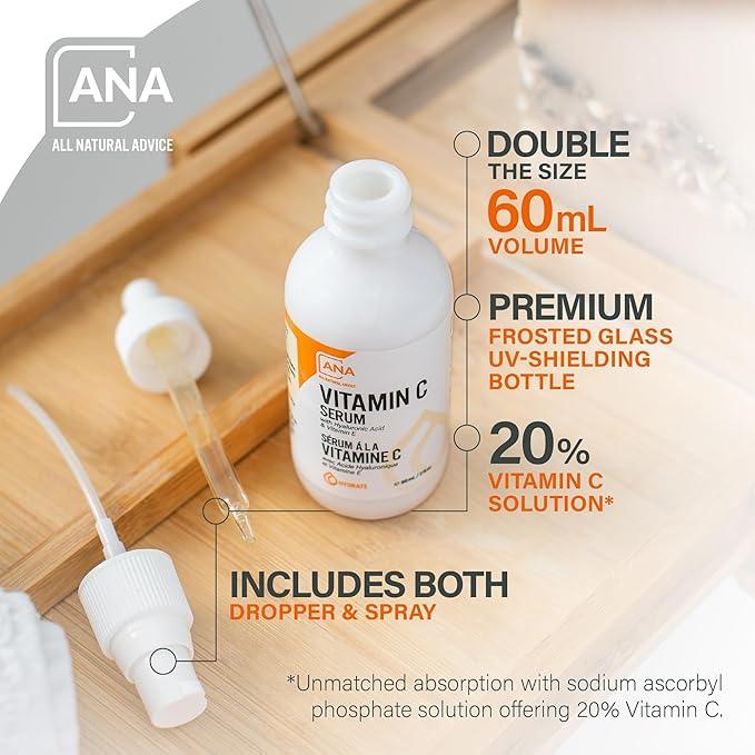 All Natural Advice Vitamin C Serum 60mL | 20% Vitamin C Face Serum Solution with Organic Botanicals, Hyaluronic Acid & Vitamin E | UV-Shielding Glass Bottle, Spray & Dropper | Canadian Skin Care - Which Mark