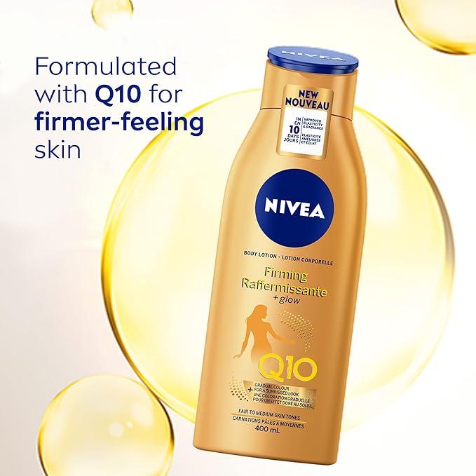 NIVEA Q10 Firming + Glow Body Lotion | Firmer-Feeling Skin | Gradual Tanning Lotion without sun exposure |Firming Body Lotion | Daily Moisturizer | For all skin types | 400mL - Which Mark