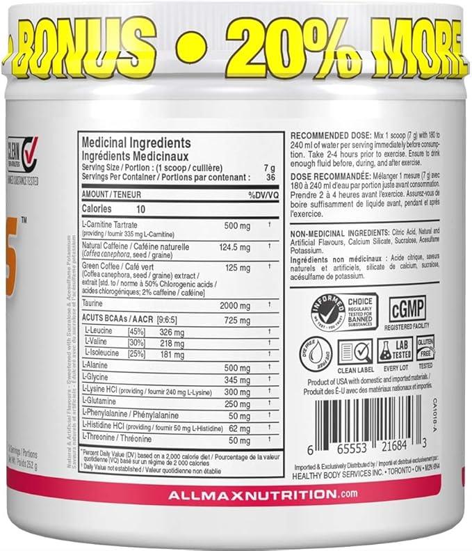 ALLMAX Nutrition - AMINOCUTS (A:CUTS) - Weight-Management BCAA (L-Carnitine + Taurine + Green Coffee) - Watermelon - 252 Gram - 36 Servings - Which Mark