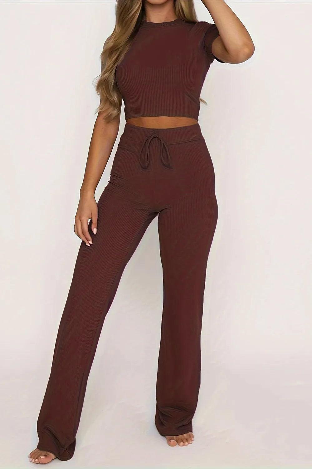 Round Neck Short Sleeve Top and Pants Set - Which Mark