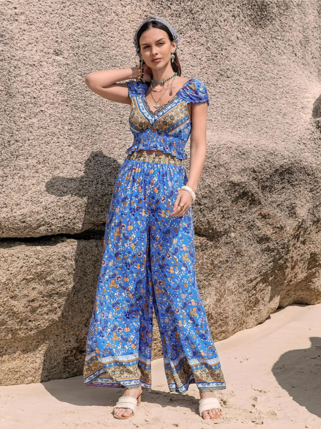 Printed V-Neck Top and Pants Set - Which Mark