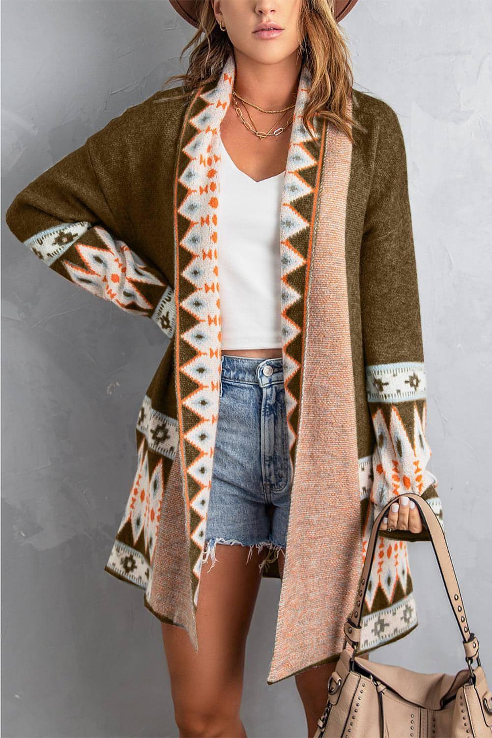 Brown Aztec Print Open Front Knitted Cardigan - Which Mark