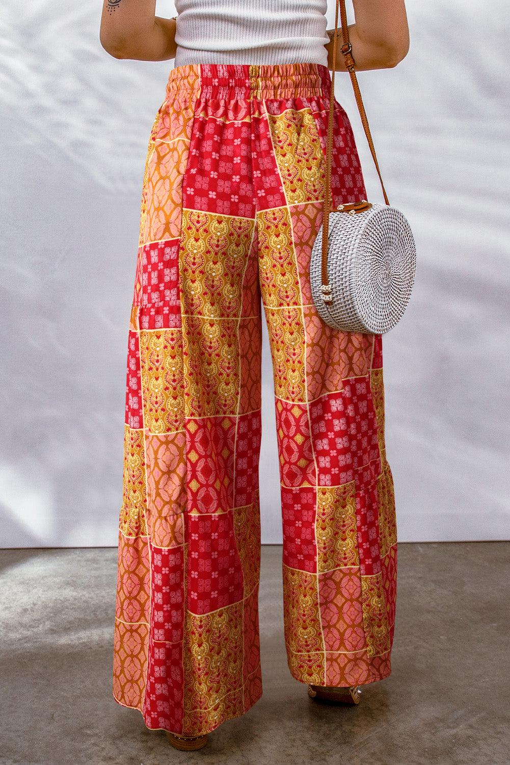 Bohemian Patchwork Drawstring Wide Leg Pants - Which Mark