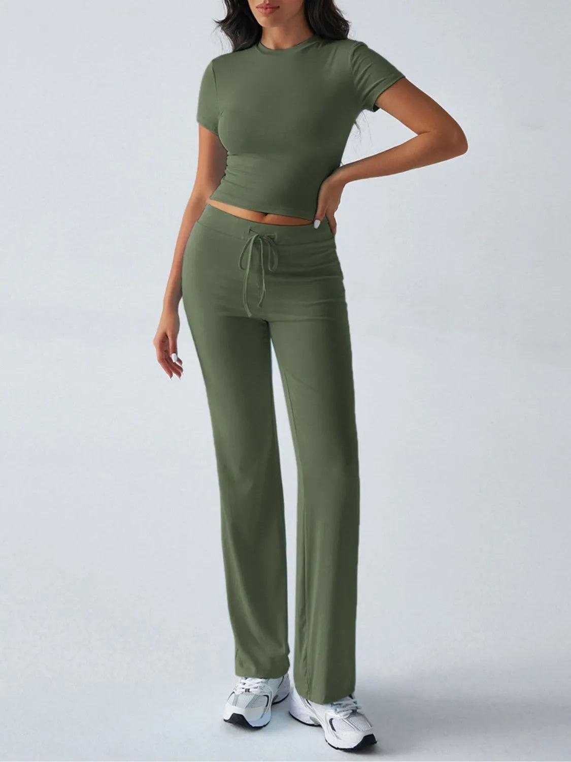 Round Neck Short Sleeve Top and Pants Set - Which Mark