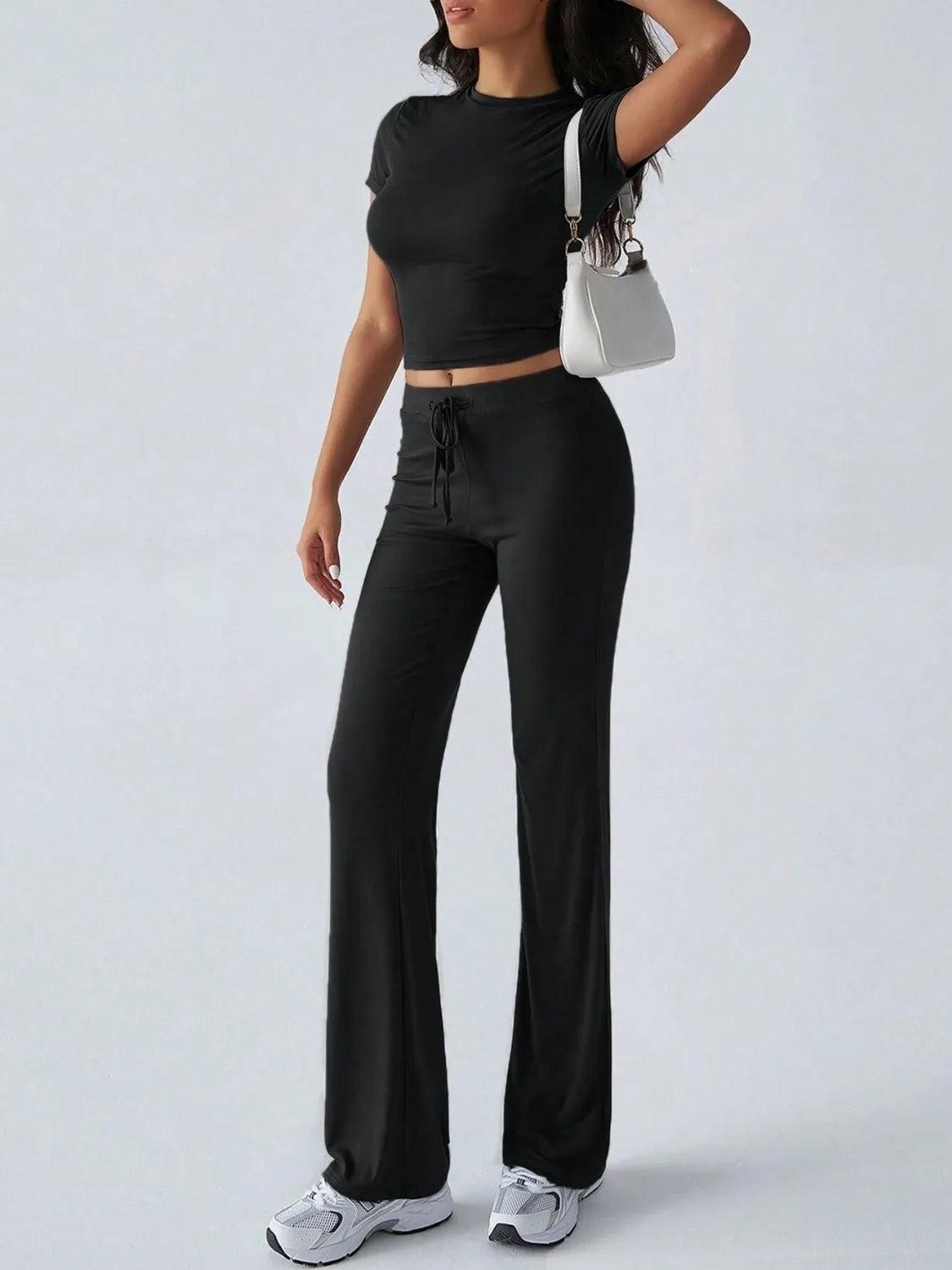 Round Neck Short Sleeve Top and Pants Set - Which Mark