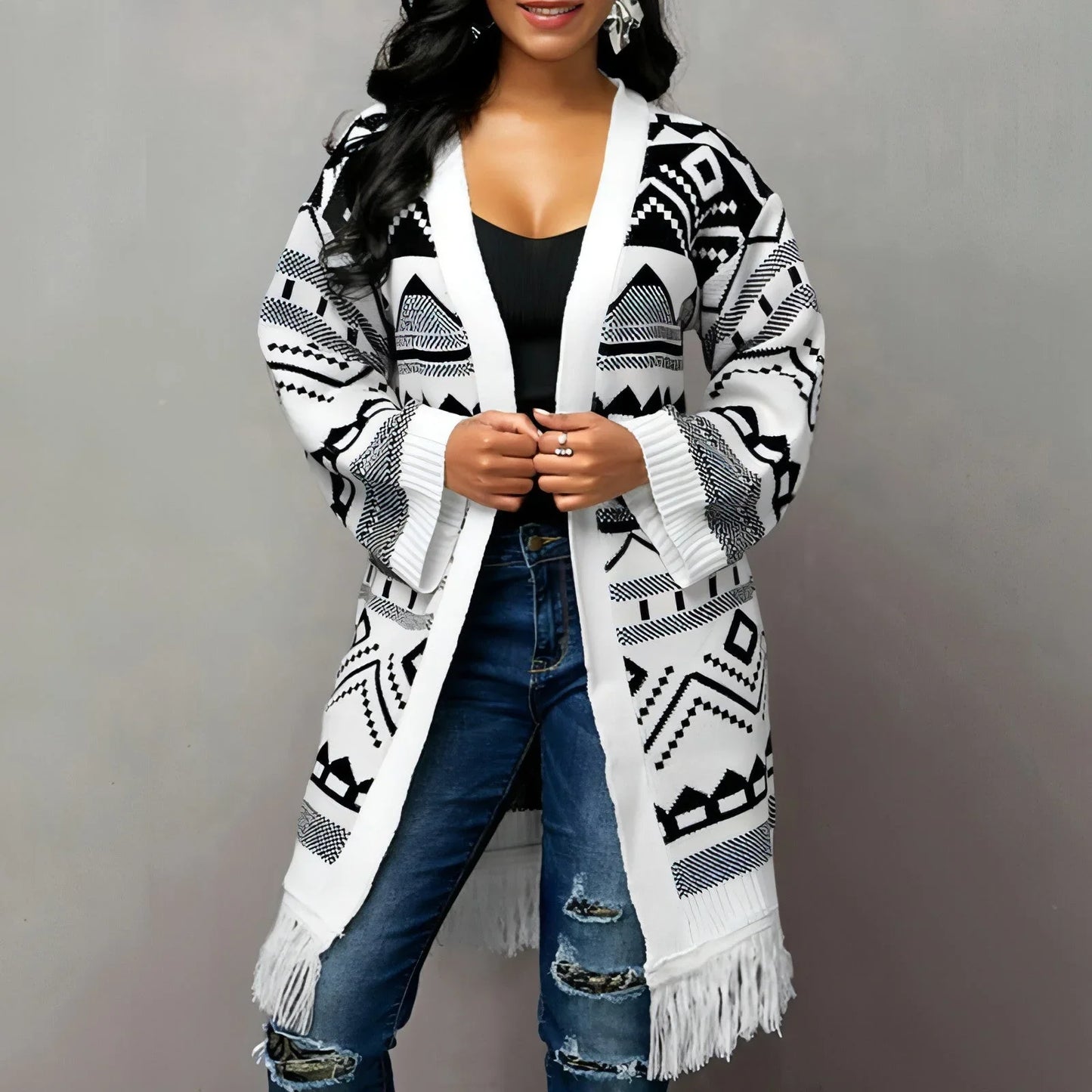 Ladies Tassel Hem Jacquard Cardigan Sweater - Which Mark