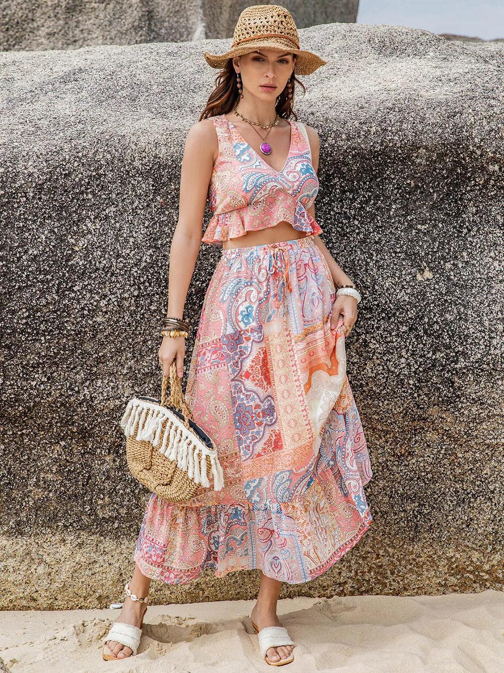 Printed V-Neck Top and Midi Skirt Set - Which Mark