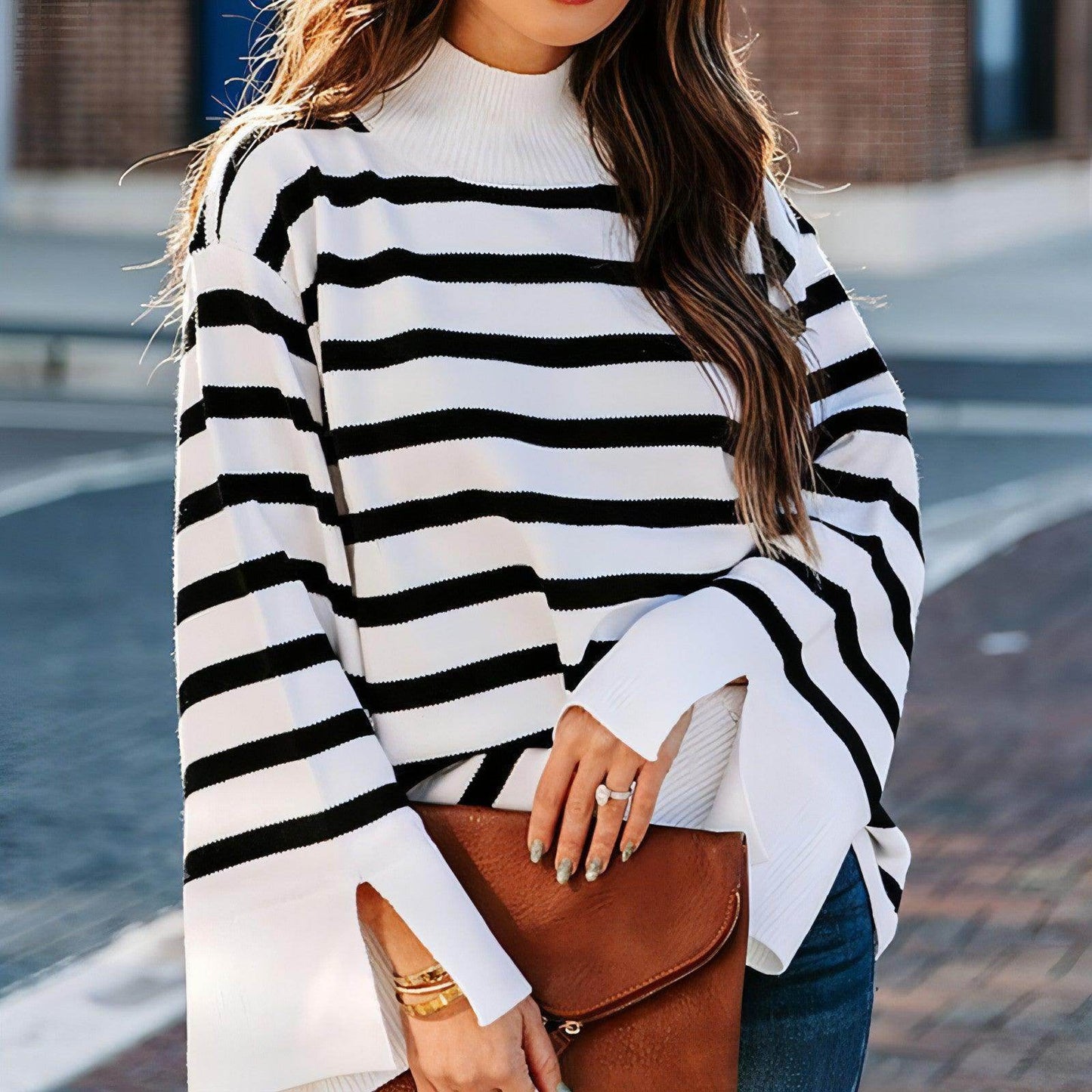 Striped Turtleneck Sweater Women's Cuffs - Which Mark