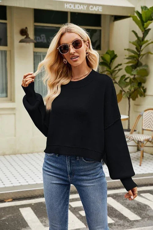 Loose Cropped Pullover Fashion Long Sleeve Round Neck Sweater - Which Mark