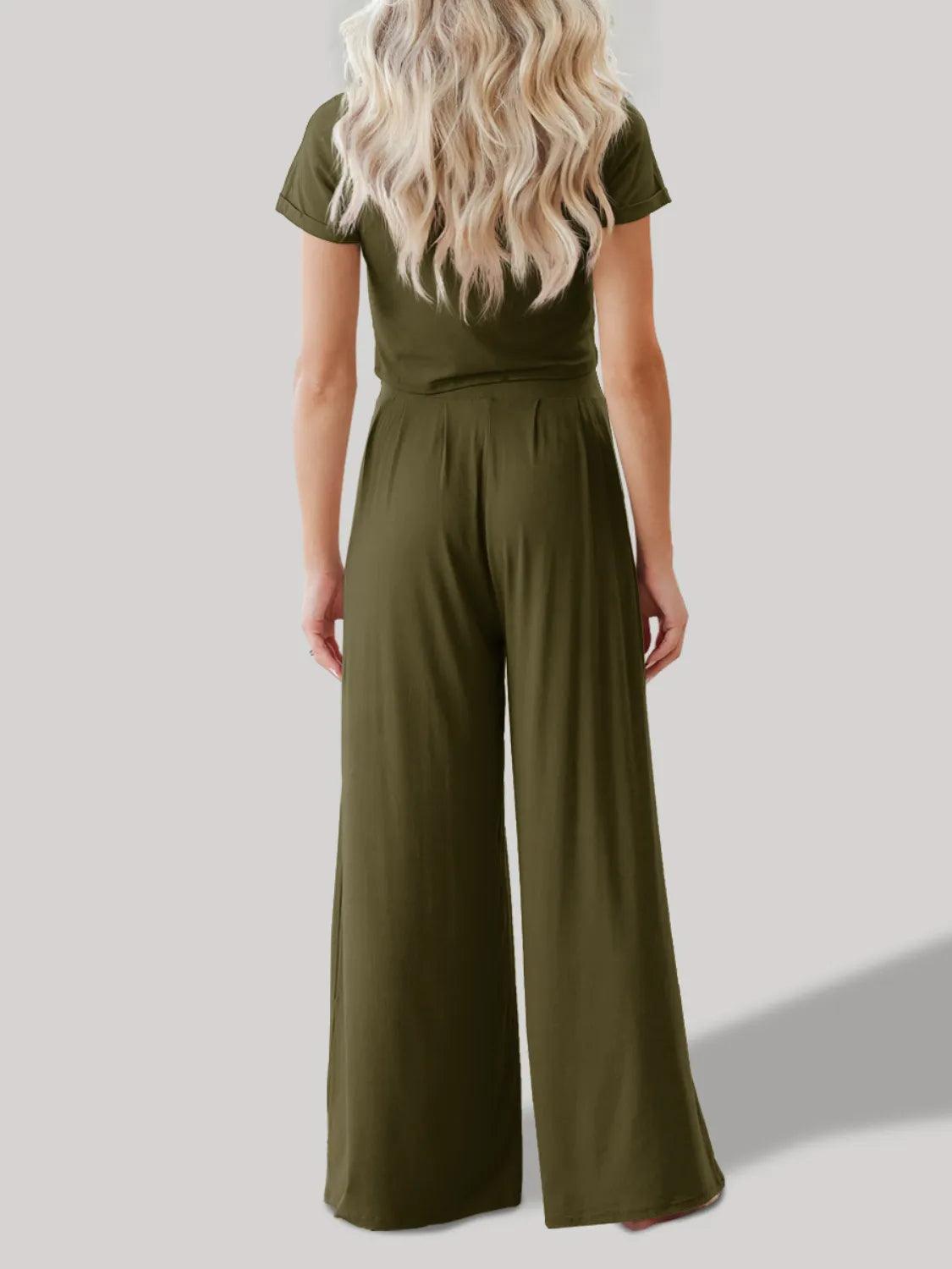 Round Neck Short Sleeve Top and Pants Set - Which Mark
