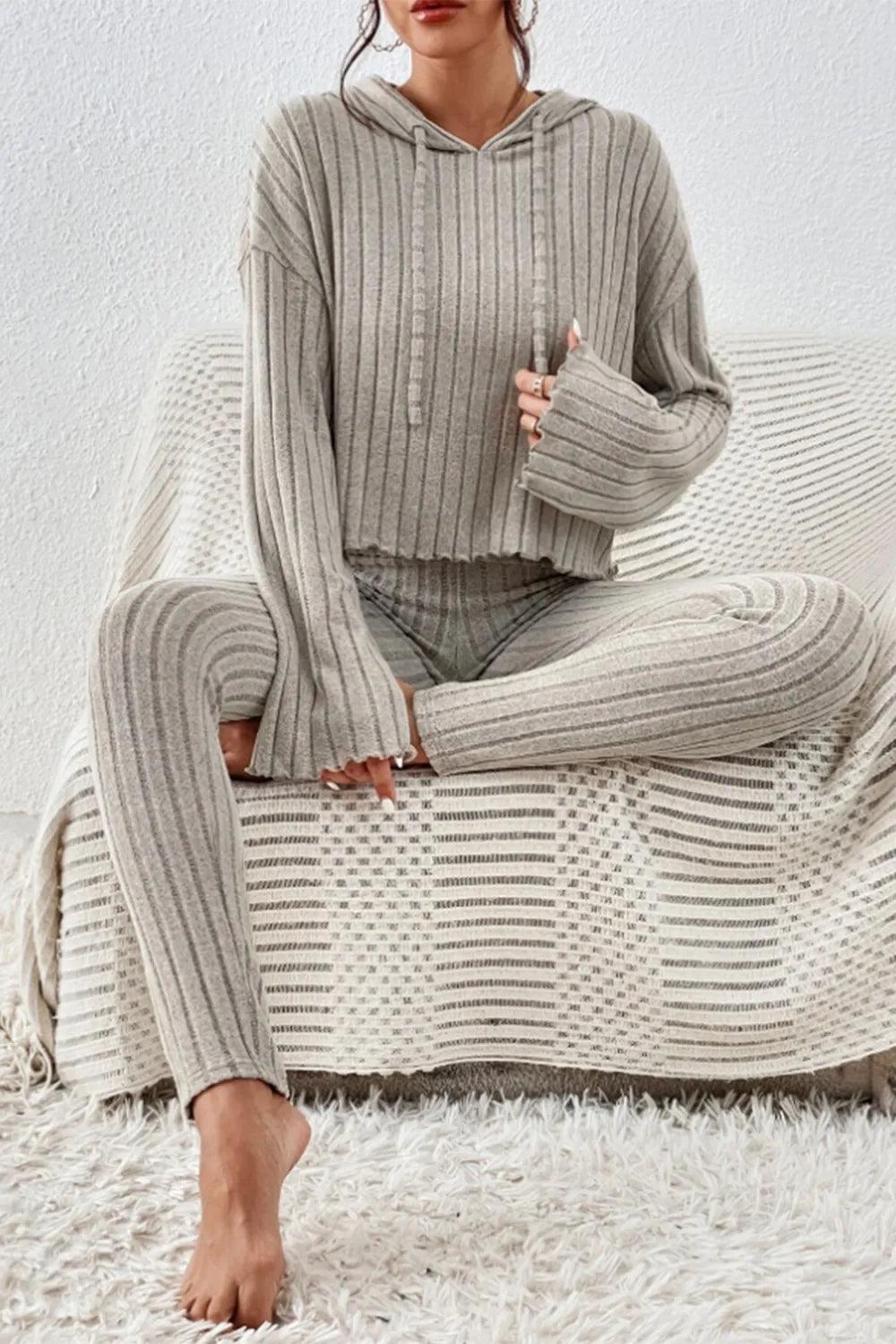 Lettuce Hem Dropped Shoulder Hooded Top and Pants Set - Which Mark
