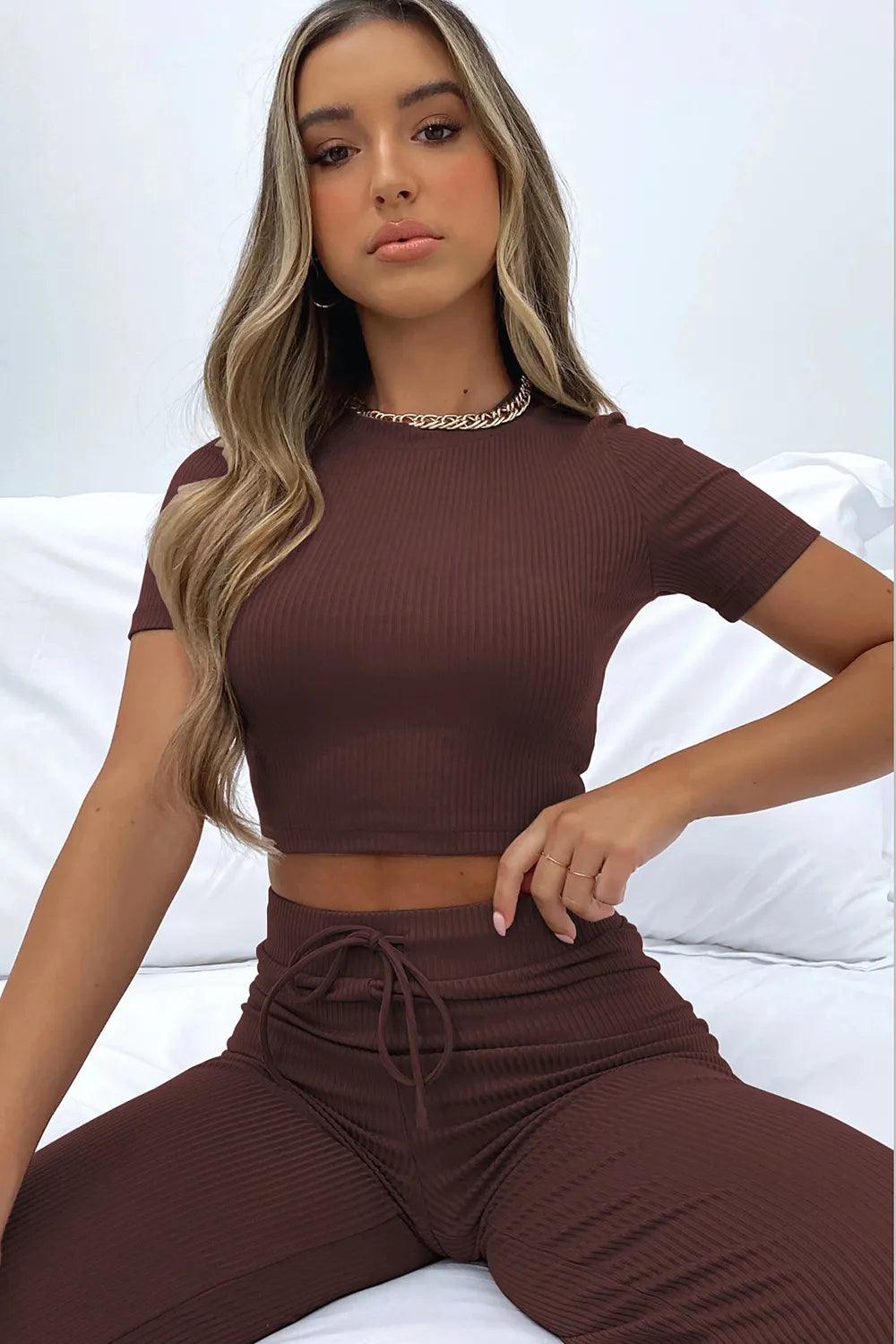Round Neck Short Sleeve Top and Pants Set - Which Mark