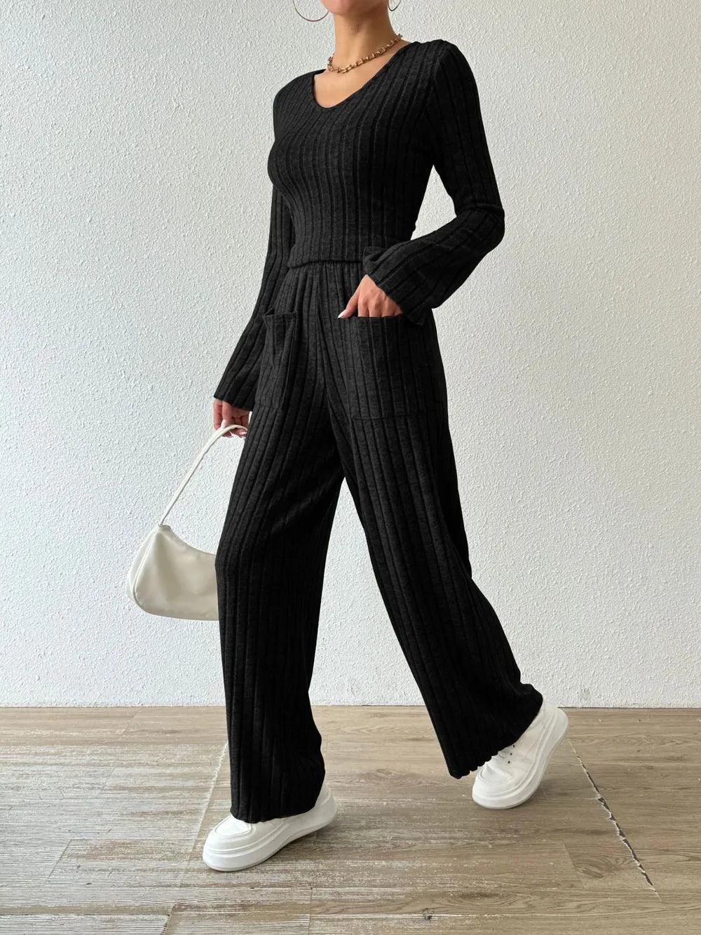 Ribbed V-Neck Long Sleeve Top and Pocketed Pants Set - Which Mark