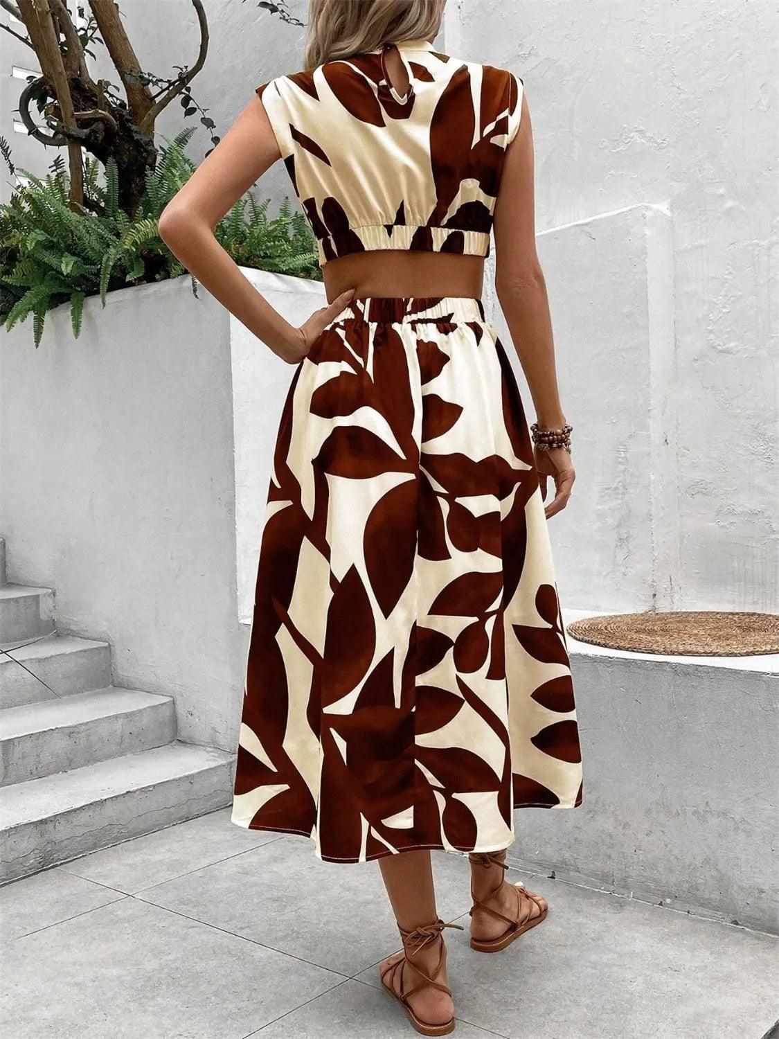 Cutout Printed Cap Sleeve Midi Dress - Which Mark