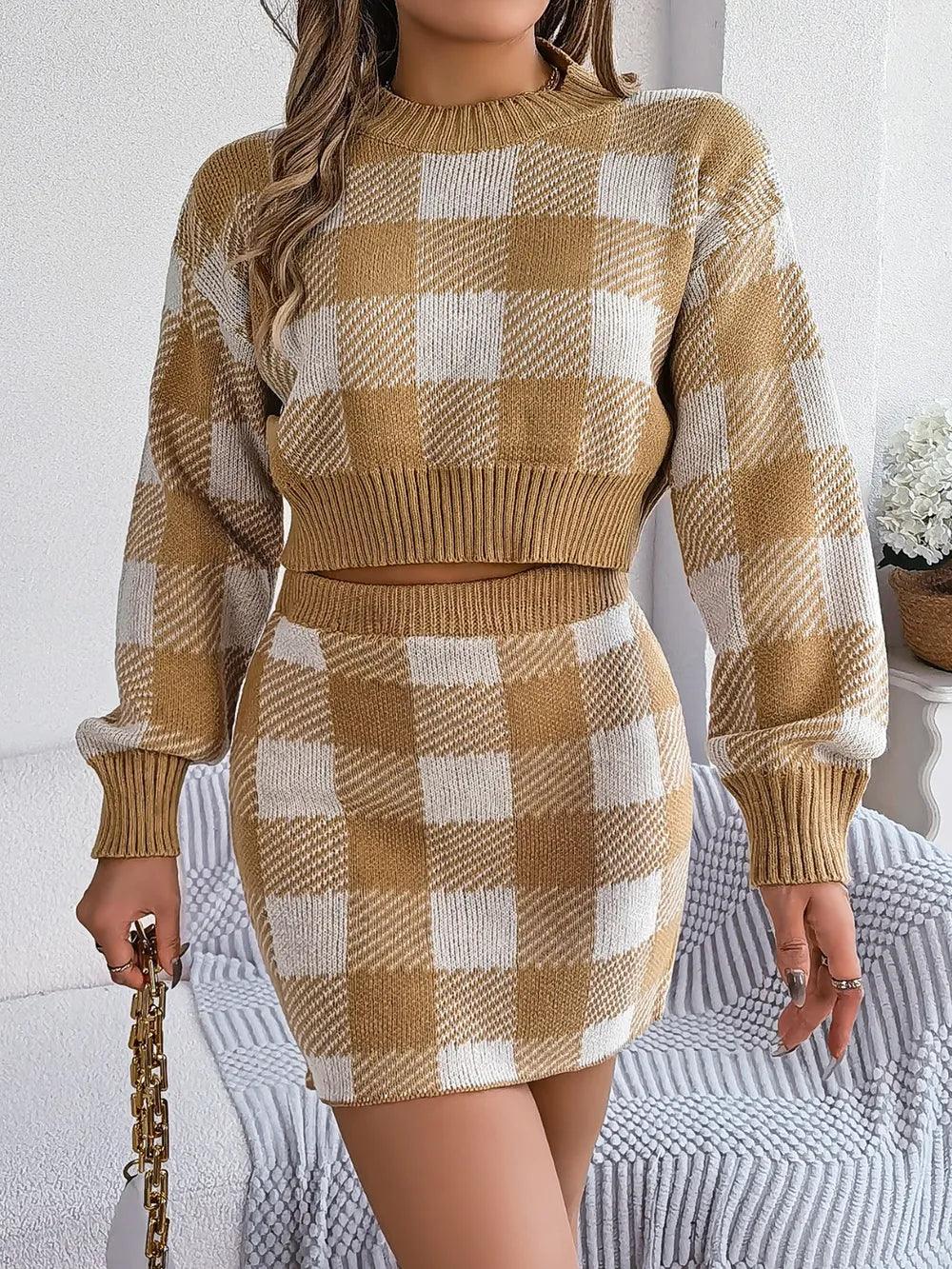 Plaid Round Neck Top and Skirt Sweater Set - Which Mark