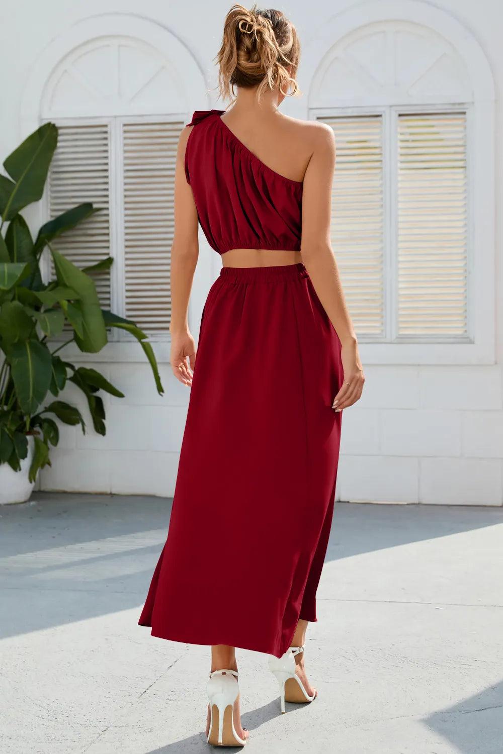 Ruched One Shoulder Top and Slit Skirt Set - Which Mark